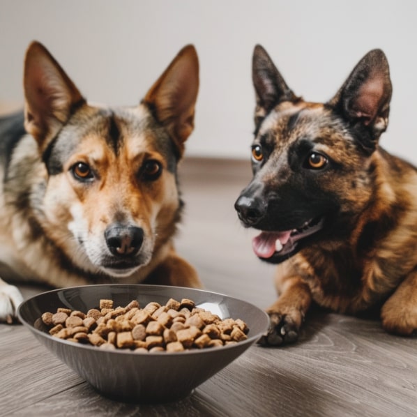Two dogs by a bowl of dry food