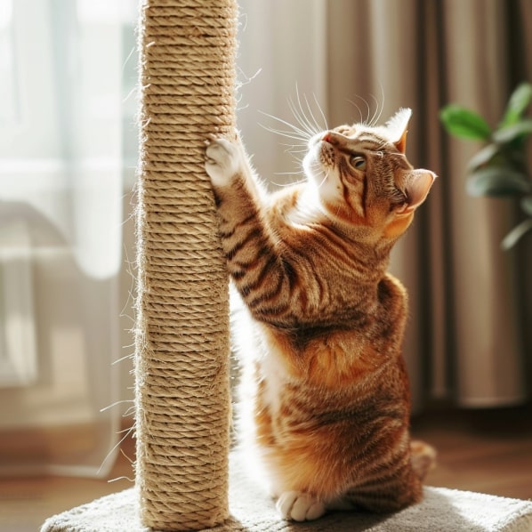 The cat sharpens its claws on the scratching post