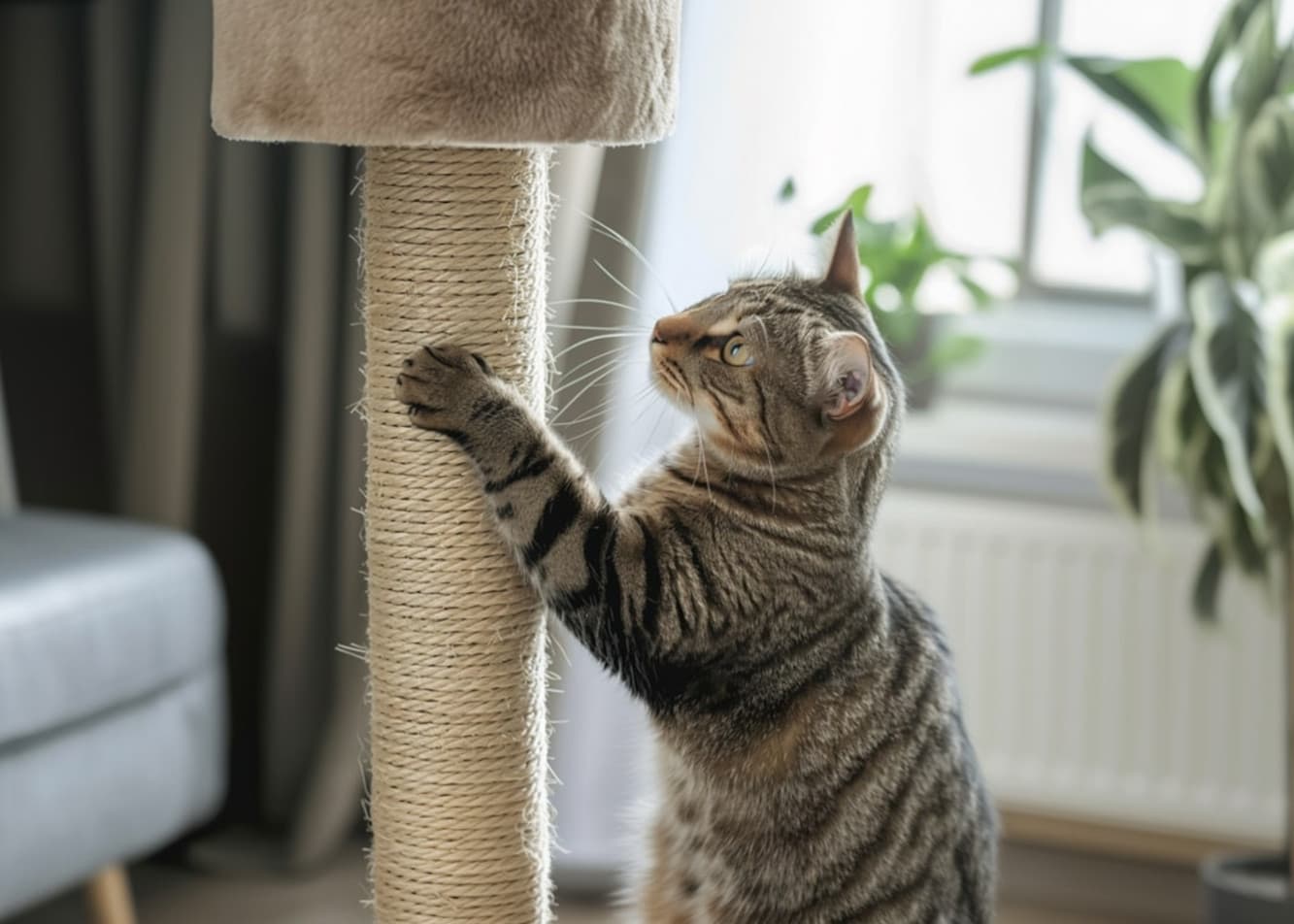 A cat by the scratching post