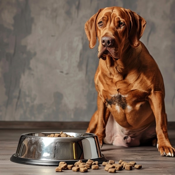 A large dog standing next to a bowl full of food