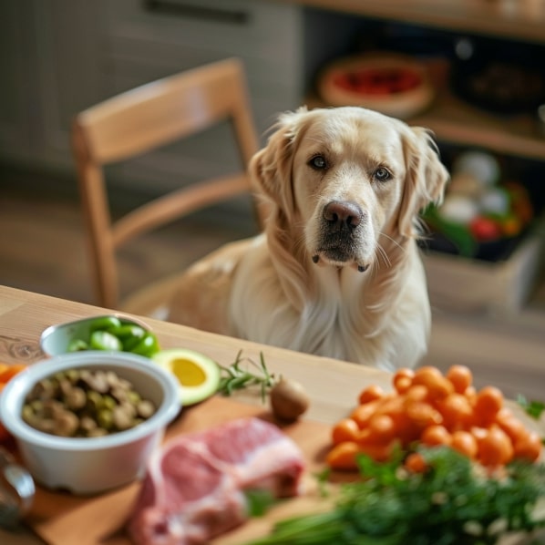 A dog sitting on a chair at the table, with various kinds of food on the table