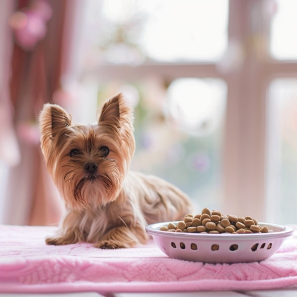 A small dog on a pink towel, with a bowl of food next to it