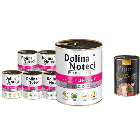Dolina Noteci Premium Wet Dog Food, Rich in Turkey, 6-Pack (800 g each) + Free Piper Animals with Chicken Hearts and Spinach (400 g)