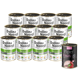 Dolina Noteci Premium Wet Dog Food, Rich in Venison, 12 x 400 g Set + Free Piper Animals with Turkey and Broccoli, 400 g