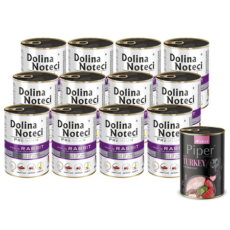 Dolina Noteci Premium Wet Dog Food, Rich in Rabbit with Cranberries, 12 x 400 g Set + Free Piper Animals Wet Dog Food with Turkey and Broccoli, 400 g