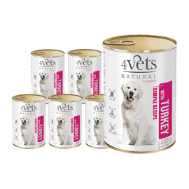 4Vets Natural Wet Dog Food with Turkey, 6 x 400 g Cans