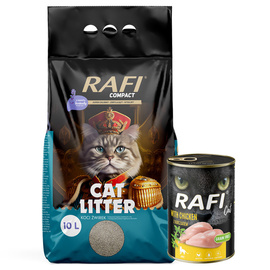 Rafi Lavender-Scented Clumping Cat Litter, Compact 10 L + a free 400 g bag of Rafi Cat Adult with Chicken