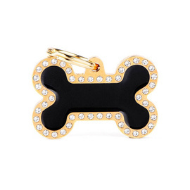 Large Engraved ID Tag for Dogs and Cats—Black and Gold Glam Bone Design