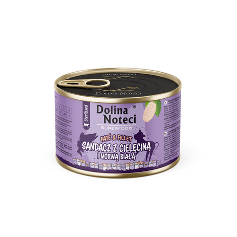 Dolina Noteci Superfood Wet Cat Food for Spayed Cats with Catfish, Veal, and White Mulberry: Pâté & Filet, 185 g