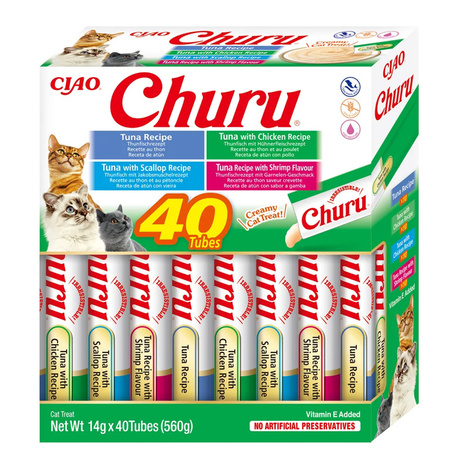 Inaba Cat Churu Seafood Cat Treats, Mixed Flavors Pack, 40 x 14 g