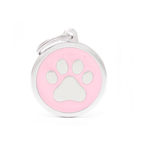 Engraved ID Tag for Dogs and Cats: Pink Circle with Paw Print