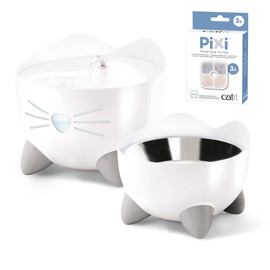 Pixi Fountain Combo: 2.5-liter white cat water fountain set + bowl + free pack of CH-7216 filters