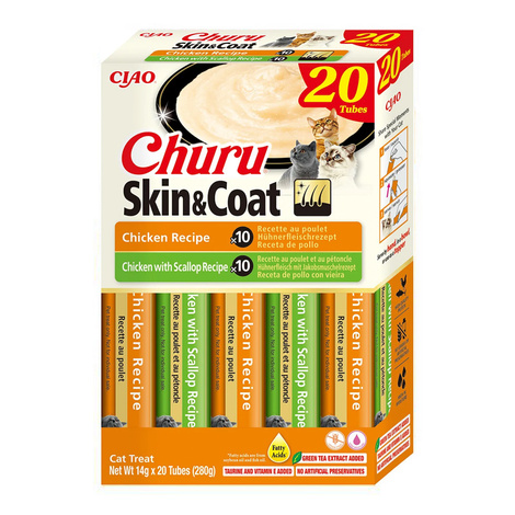 Inaba Cat Churu Skin & Coat Chicken Cat Treats, 20 x 14 g