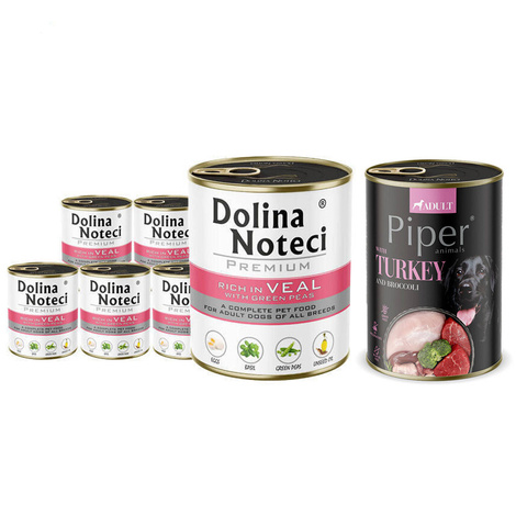 Dolina Noteci Premium Wet Dog Food, Rich in Veal with Green Peas, 6 x 800 g + Piper Animals with Turkey and Broccoli, 400 g (Free)