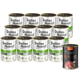 Dolina Noteci Premium Wet Dog Food, Rich in Venison, 12-Pack (400 g each) + Free Piper Animals with Duck and Pear (400 g)