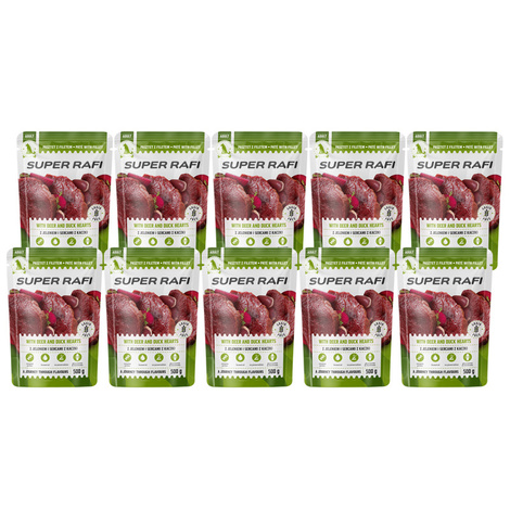 Super Rafi Wet Dog Food with Venison and Duck Hearts, 12 x 400 g Set