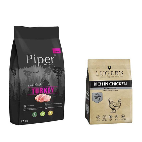 Piper Animals Junior Dry Dog Food with Turkey, 12 kg + Luger’s Dry Dog Food Rich in Chicken, 1 kg