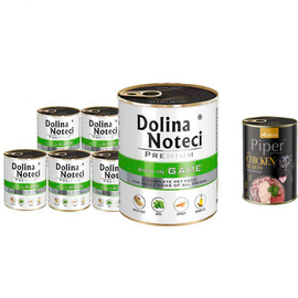 Dolina Noteci Premium Wet Dog Food, Rich in Venison, 6-Pack (800 g each) + Free Piper Animals with Chicken Hearts and Spinach (400 g)