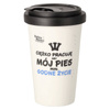 Dolina Noteci 300 ml porcelain mug with a black lid. I work hard so my dog can have a decent life.