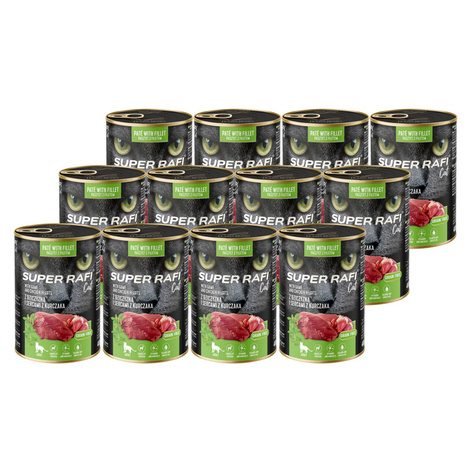 Super Rafi Cat Wet Cat Food with Venison and Chicken Hearts, 12 x 400 g