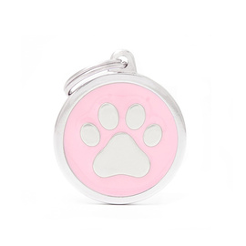 Engraved ID Tag for Dogs and Cats: Pink Circle with Paw Print