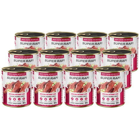 Super Rafi Wet Dog Food with Veal and Rabbit Liver, 12 x 800 g Set