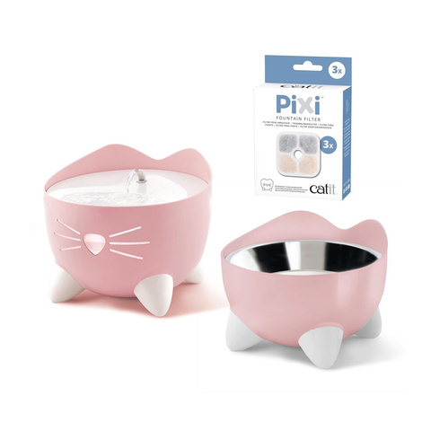 Pixi Fountain Combo: 2.5-liter pink cat water fountain set + bowl + free pack of CH-7216 filters
