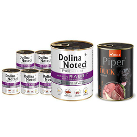 Dolina Noteci Premium Wet Dog Food, Rich in Rabbit with Cranberries, 6-Pack (800 g each) + Free Piper Animals Wet Dog Food with Duck and Pear (400 g)