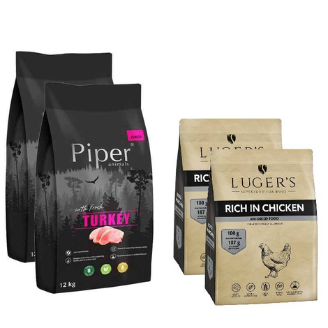 Piper Animals Junior Dry Dog Food with Turkey, 2 x 12 kg + Luger’s Dry Dog Food Rich in Chicken, 2 x 1 kg