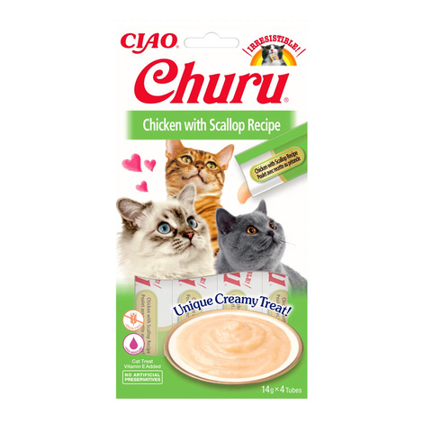 Inaba Churu Creamy Cat Treats, Chicken and Scallop Flavor, 4 x 14 g