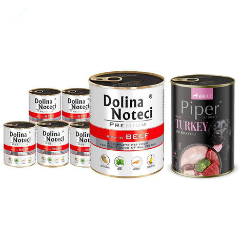 Dolina Noteci Premium Wet Dog Food, Rich in Beef, 6-Pack (800 g each) + Free Piper Animals Wet Dog Food with Turkey and Broccoli (400 g)