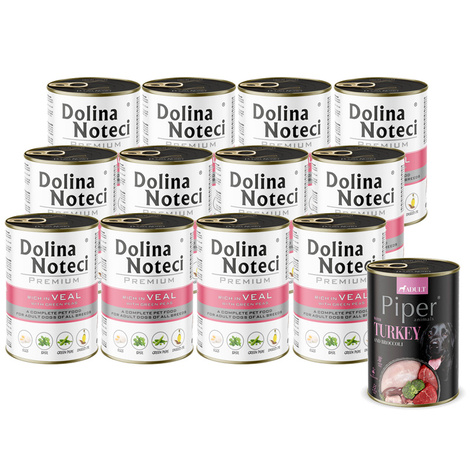 Dolina Noteci Premium Wet Dog Food, Rich in Veal with Green Peas, 12 x 400 g Set + Free Piper Animals with Turkey and Broccoli, 400 g