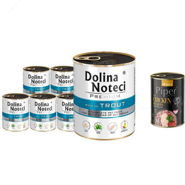 Dolina Noteci Premium Wet Dog Food, Rich in Trout, 6-Pack (800 g each) + Free Piper Animals with Chicken Hearts and Spinach (400 g)