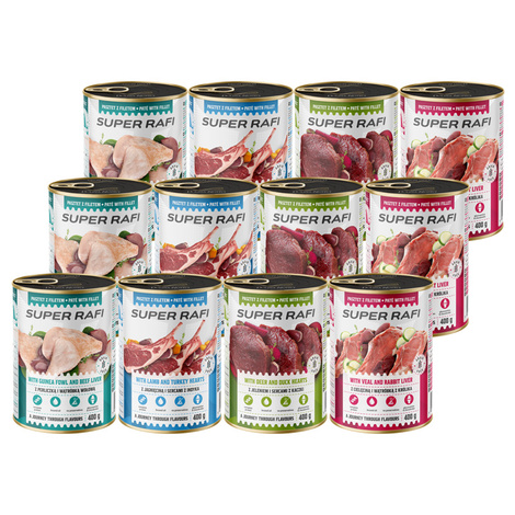 Super Rafi Wet Dog Food with Guinea Fowl and Beef Liver, 12 x 400 g Set
