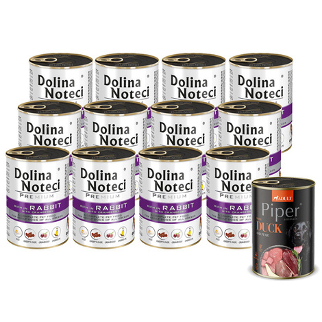 Dolina Noteci Premium Wet Dog Food, Rich in Rabbit with Cranberries, 12 x 400 g Set + Free Piper Animals with Duck and Pear, 400 g