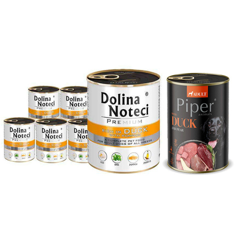 Dolina Noteci Premium Wet Dog Food, Rich in Duck and Pumpkin, 6 x 800 g Set + Free Piper Animals with Duck and Pear, 400 g