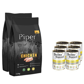 Piper Animals Dry Dog Food with Chicken, 2 x 12 kg + 6 x 800 g Set Dolina Noteci Premium, Rich in Chicken