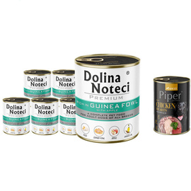 Dolina Noteci Premium Wet Dog Food, Rich in Guinea Fowl and Apple, 6-Pack (800 g each) + Free Piper Animals with Chicken Hearts and Spinach (400 g)