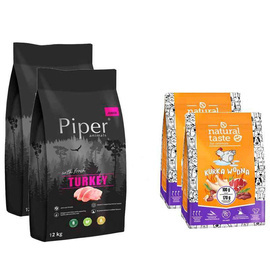 Piper Animals Junior Dry Dog Food with Turkey, 2 x 12 kg + Natural Taste Dried Food with Waterfowl, 2 x 1 kg