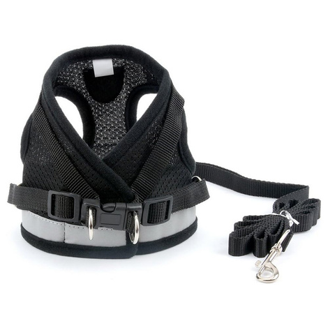 Black Mesh Harness with Leash, Size M, with Reflective Strips, for Cats and Small Dogs