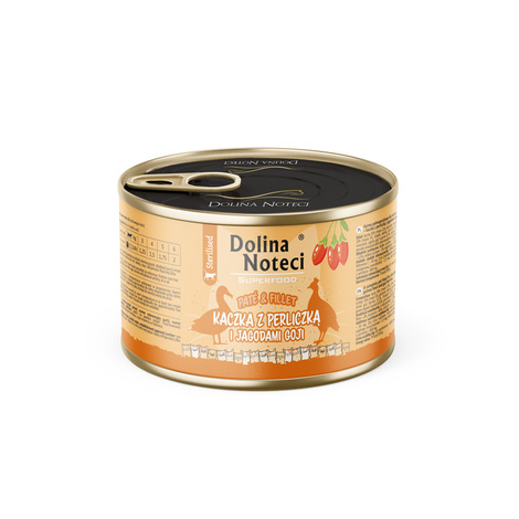 Wet cat food for spayed cats with duck, guinea fowl, and goji berries: Dolina Noteci Superfood Pâté & Filet 185 g
