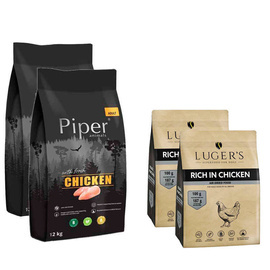 Piper Animals dry dog food with chicken, 2 x 12 kg bag + Luger’s dry dog food rich in chicken, 2 x 1 kg