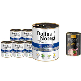 Dolina Noteci Premium Wet Dog Food, Rich in Cod with Broccoli, 6-Pack (800 g each) + Free Piper Animals with Chicken Hearts and Spinach (400 g)
