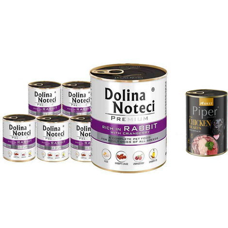 Dolina Noteci Premium Wet Dog Food, Rich in Rabbit with Cranberries, 6-Pack (800 g each) + Free Piper Animals with Chicken Hearts and Spinach (400 g)