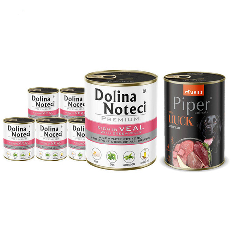 Dolina Noteci Premium Wet Dog Food, Rich in Veal with Green Peas, 6 x 800 g + Piper Animals with Duck and Pear, 400 g (Free)