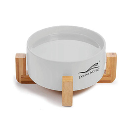 Gray ceramic bowl with a bamboo stand for dogs and cats, 850 ml capacity