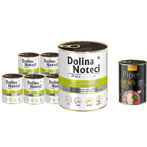 Dolina Noteci Premium Wet Dog Food, Rich in Goose with Potatoes, 6-Pack (800 g each) + Free Piper Animals with Chicken Hearts and Spinach (400 g)