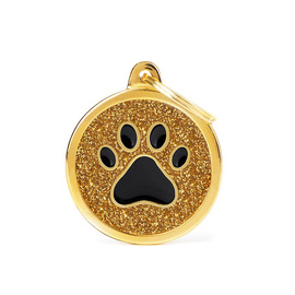 Engraved ID Tag for Dogs and Cats: Circle with Paw Print, Gold Glitter