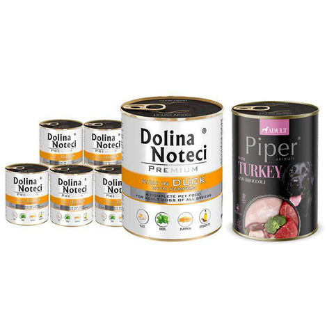 Dolina Noteci Premium Wet Dog Food, Rich in Duck and Pumpkin, 6 x 800 g Set + Free Piper Animals Wet Dog Food with Turkey and Broccoli, 400 g