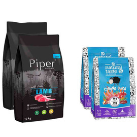 Piper Animals Dry Dog Food with Lamb, 2 x 12 kg + Natural Taste Black Sheep Dehydrated Dog Food, 2 x 1 kg